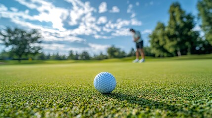 Golfer preparing to swing on a sunny day, focus on golf ball in front of hole, serene green course backdrop.