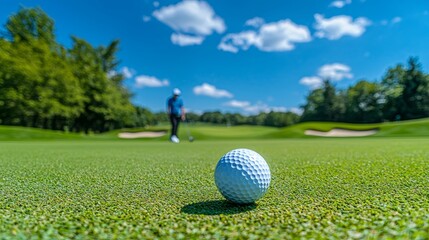 Golfer preparing to swing on a sunny day, focus on golf ball in front of hole, serene green course backdrop.