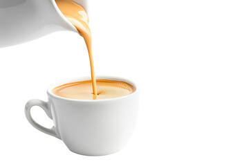 Coffee being poured from a pitcher into a white cup isolated on white background. Minimalistic and clean design concept of refreshment and simplicity