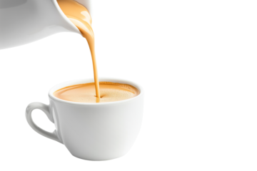 Coffee being poured from a pitcher into a white cup isolated on white background. Minimalistic and clean design concept of refreshment and simplicity