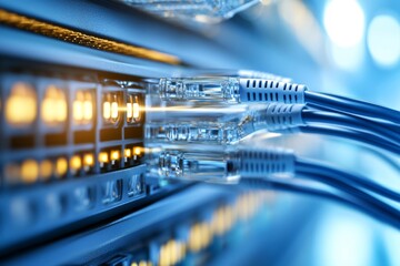 Close up of Ethernet cables with clear connectors plugged into a network switch representing organized digital infrastructure and reliable internet connectivity