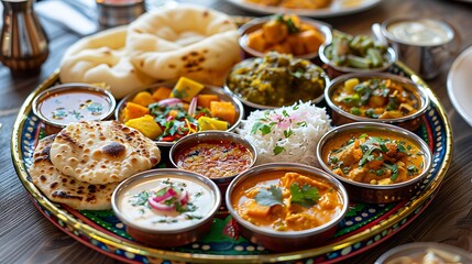 Fototapeta premium Indian Food Thali Traditional Dishes Curries Naan Rice and Raita