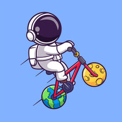 Fototapeta premium Cute Astronaut Riding Bicycle With Moon And Earth Wheel Cartoon Vector Icon Illustration. Science Sport Icon Concept Isolated Premium Vector. Flat Cartoon Style