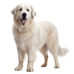 Fototapeta premium A friendly great pyrenees dog posed elegantly against a transparent or white isolated background, showcasing its fluffy fur and happy demeanor.