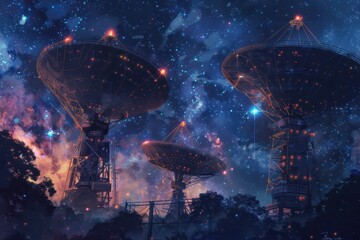 A stunning view of radio telescopes capturing cosmic signals against a vibrant starry sky at dusk