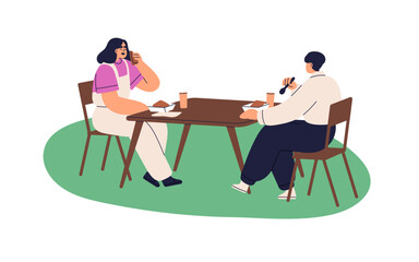 Couple eating lunch outdoors. Man and woman sitting at table, chatting and enjoying street food. People friends at meal, relaxing outside. Flat vector illustration isolated on white background