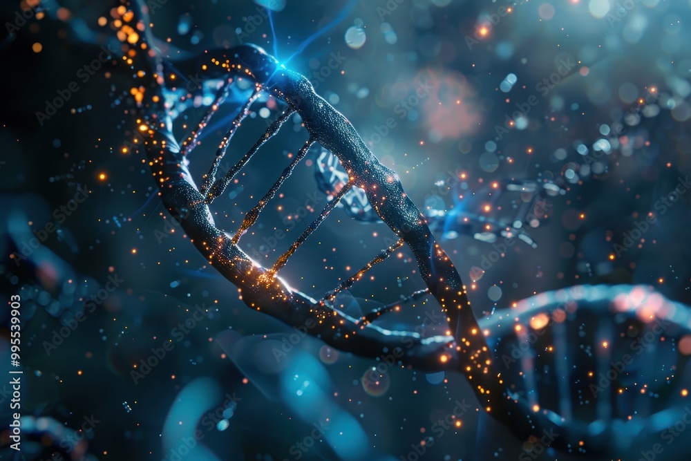 Poster Exploring the intricacies of DNA structure illuminated by cosmic light effects in a digital illustration showcasing genetic beauty