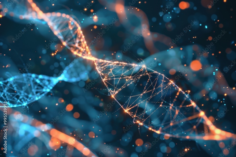 Poster Exploring the intricacies of DNA structure illuminated by cosmic light effects in a digital illustration showcasing genetic beauty