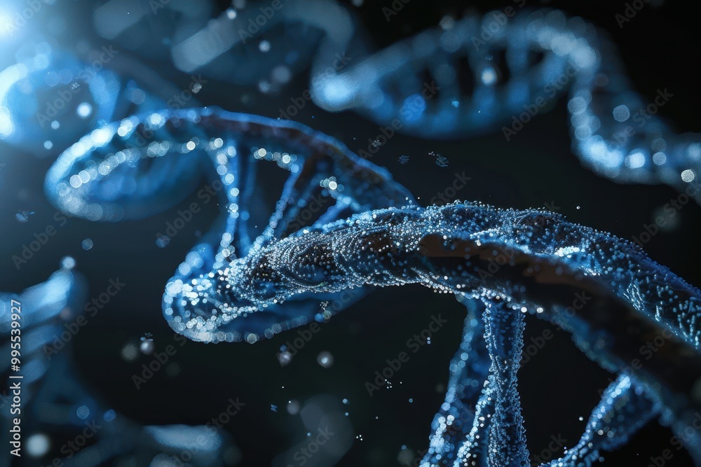 Poster Exploring the intricacies of DNA structure illuminated by cosmic light effects in a digital illustration showcasing genetic beauty