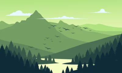 Gardinen Vector green mountain landscape with clean sky, calm river, birds flying and pine trees silhouettes © RT Studio 1981