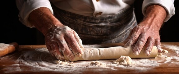 Close-up of a baker's hands rolling dough on a floured surface. The scene captures the texture of the dough and the flour, evoking the warmth and tradition of homemade baking in a rustic kitchen