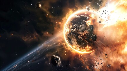 Fototapeta premium Fiery Planetary Explosion in Space with Debris and Glowing Fractures: Apocalyptic Sci-Fi Cosmic Catastrophe Scene