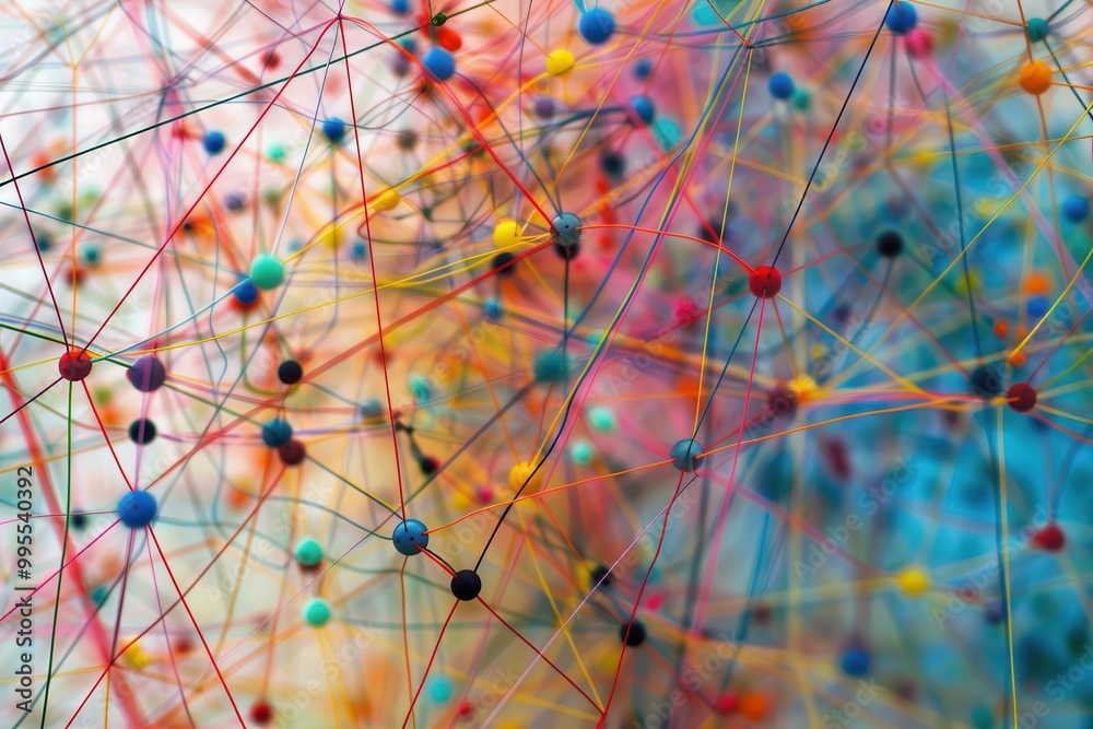 Poster Colorful network of interconnected dots and lines on a blurred background, illustrating a complex web of relationships among various elements in a vibrant and dynamic manner