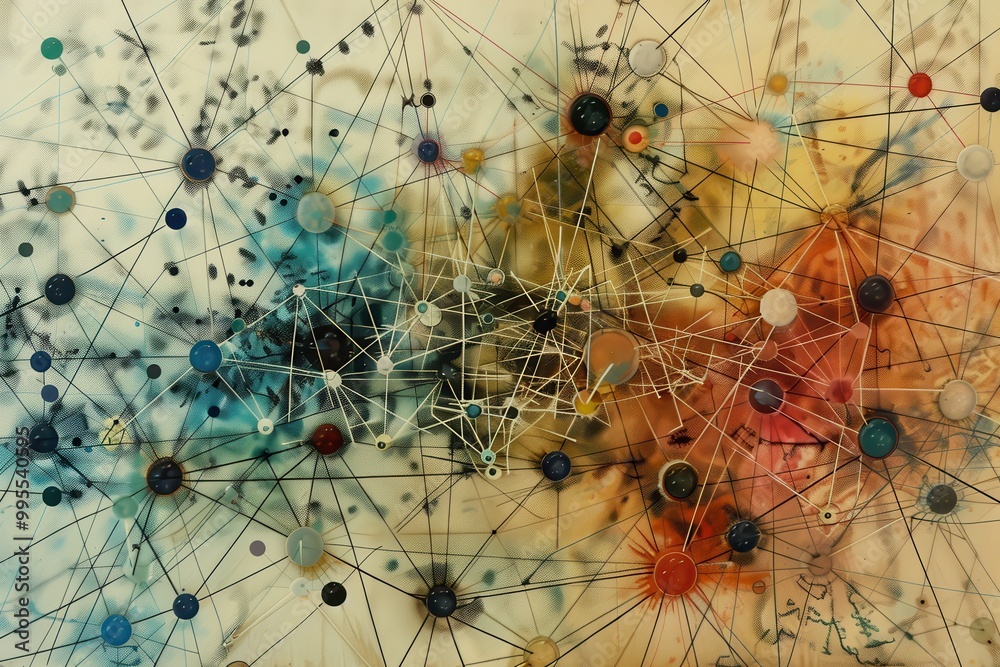 Poster Colorful network of interconnected dots and lines on a blurred background, illustrating a complex web of relationships among various elements in a vibrant and dynamic manner