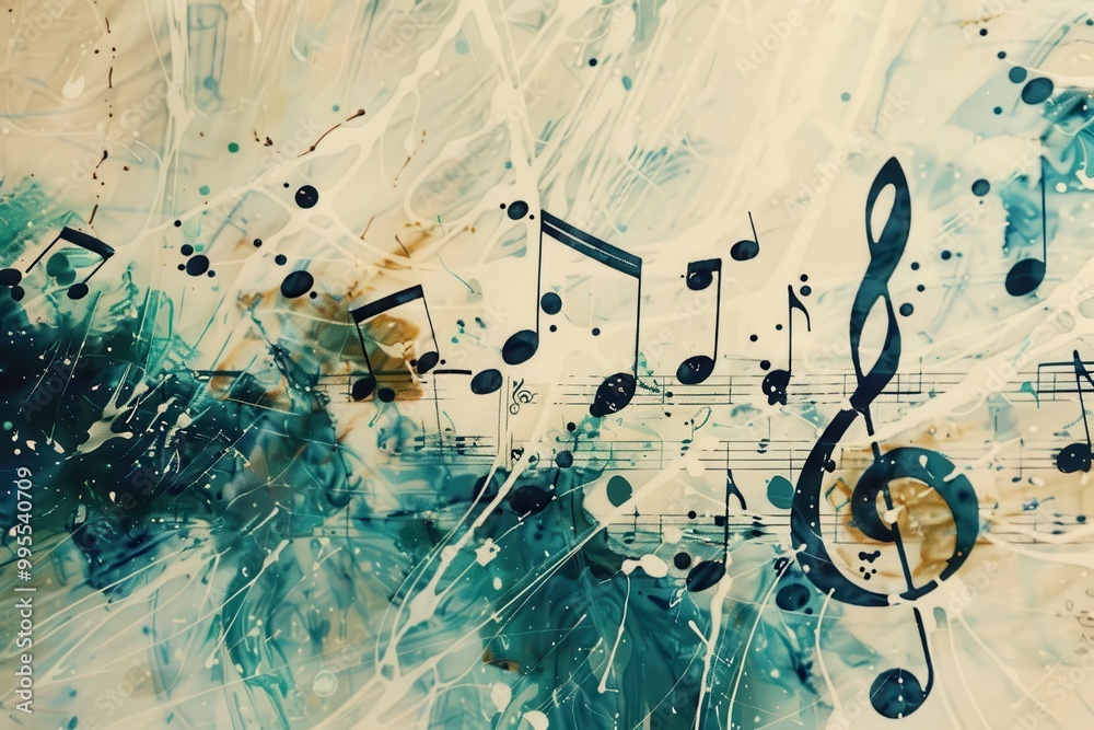 Poster Colorful musical notes create a vibrant atmosphere in a dynamic display of sound waves and lights during an evening music event