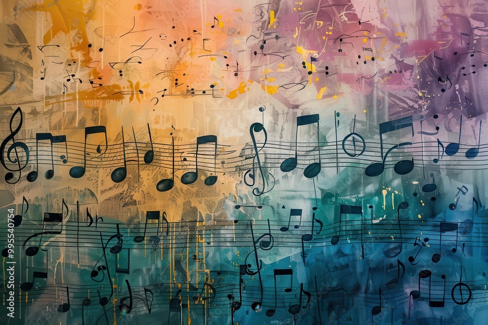Aufkleber Colorful musical notes create a vibrant atmosphere in a dynamic display of sound waves and lights during an evening music event