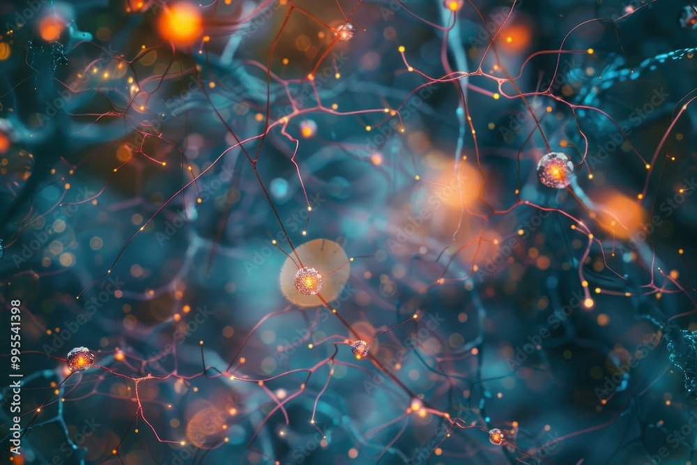 Fototapete Abstract representation of neural connections illustrating synapse activity with glowing neurons in a dark environment