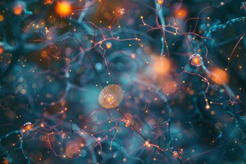 Abstract representation of neural connections illustrating synapse activity with glowing neurons in a dark environment