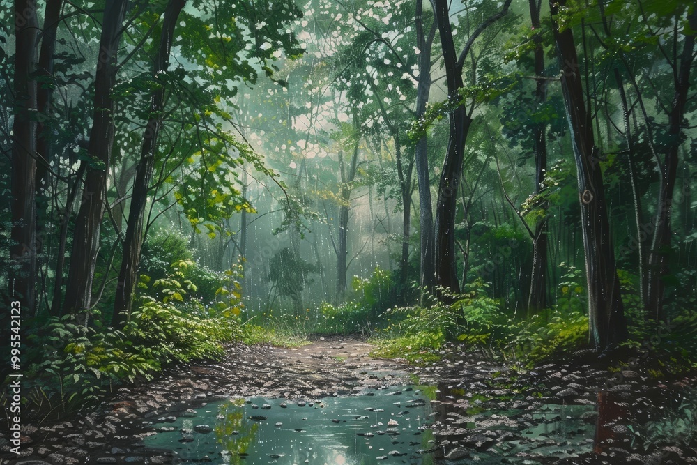 Aufkleber A serene forest pathway under soft morning light with lush greenery and a small puddle reflecting the surrounding trees in a tranquil setting