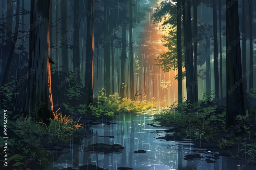 Aufkleber A serene forest pathway under soft morning light with lush greenery and a small puddle reflecting the surrounding trees in a tranquil setting