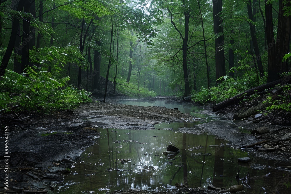 Aufkleber A serene forest pathway under soft morning light with lush greenery and a small puddle reflecting the surrounding trees in a tranquil setting