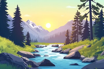 Landscape with Mountain and lake morning