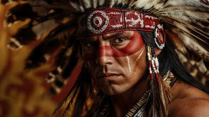 Close-up portrait of a Native American man wearing traditional headdress and face paint, looking directly at the camera with a serious expression.