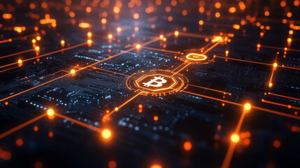 Obraz premium Digital Bitcoin Network with Glowing Connections.