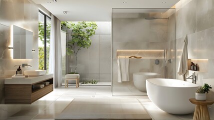 Fototapeta premium Interior of modern bathroom with wooden and glass walls