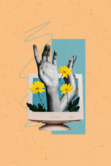Collage vertical image sketch of people inside obsolete retro computer growing flower isolated on...