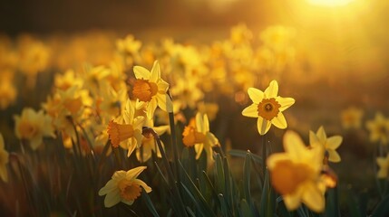 Fototapeta premium A field of bright yellow daffodils basking in the sunlight.