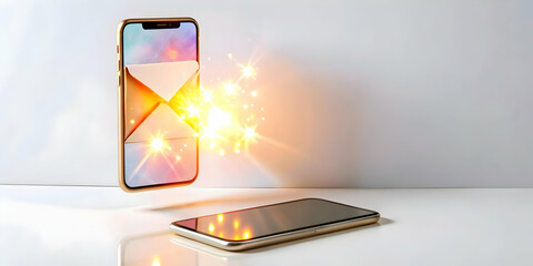 3D Phone with Holographic Bhai Dooj Envelopes Concept - Smartphone on White Background with Glowing Elements and Copy Space