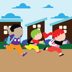 Happy school students kids smiling and running with backpack in nature scenery ,vector illustration graphic design.