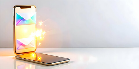 3D Phone with Holographic Bhai Dooj Envelopes Concept: Vibrant Smartphone Scene with Floating Glow Effects on White Background