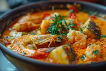 A vibrant bowl of shrimp and fish curry simmering with spices and herbs, garnished with fresh greens, showcasing a rich culinary tradition