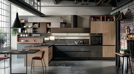 Modern kitchen in a loft with brick walls