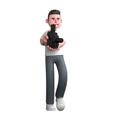 Male Photographer Cartoon in 3D. A male photographer is walking holding an analog film camera in front of his body with both hands, as if recording. Studio Setting Illustration