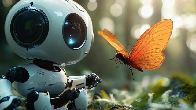 A robot is sitting on the ground next to a butterfly. The robot is white and has blue eyes. The butterfly is orange and is flying near the robot. The scene is peaceful and serene, with the robot