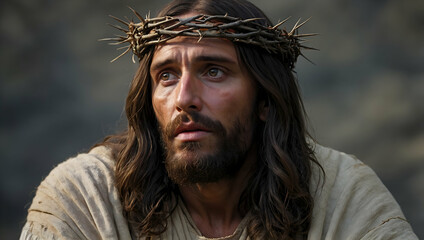 The Passion of Christ: A dramatic portrait of Jesus, adorned with a crown of thorns, gazing upward with a mix of pain and contemplation. The image evokes a sense of suffering, sacrifice, and faith.  