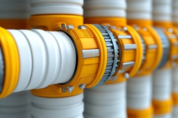Close up of industrial pipe connectors with yellow bands symbolizing secure and efficient connections for large scale infrastructure systems