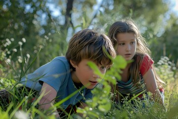 Children exploring nature in a forest while observing plants and capturing the moment with a camera on a sunny day