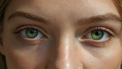 Fototapeta premium Emerald Eyes: A close-up of captivating green eyes, with soft sunlight illuminating the skin, creating a warm and intimate atmosphere. The focus is on the eyes, conveying a sense of mystery, depth.