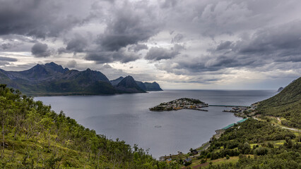 Husoy, a fishing village on the island of Senja, seen from the heights of the island. 