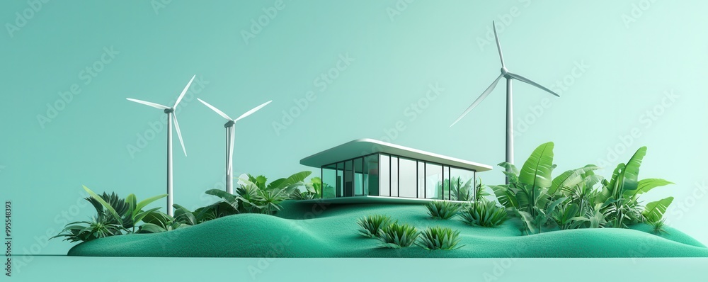 Canvas Prints Sustainable Living Modern Eco-Friendly House with Wind Turbines.