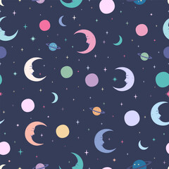 Fototapeta premium Starry sky, moon, planets, space, seamless pattern