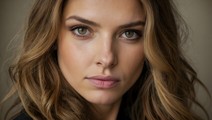 Naklejka premium Captivating Gaze: Portrait of a Woman with Long Brown Hair 