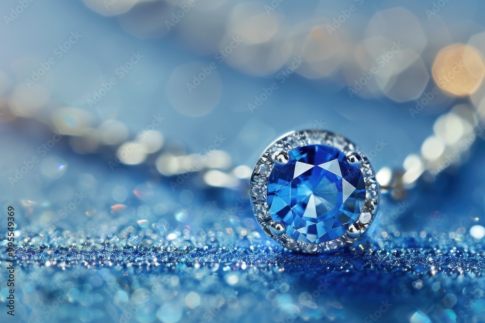 Poster a close-up view of a sparkling blue gemstone necklace resting on dark stone surfaces with a soft blu