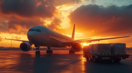 Airplane preparing for cargo loading at sunset. Aircraft on the tarmac is positioned to load cargo pallets, illuminated by the warm sunset, showcasing the importance of air logistics.