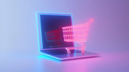 3D Floating Laptop with Holographic Shopping Cart & Sale Banner - Modern Tech Shopping Theme, Cyber Monday Concept with Copy Space
