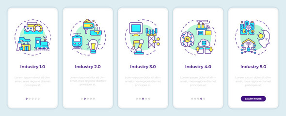 Industrial revolution onboarding mobile app screen. Walkthrough 5 steps editable graphic instructions with linear concepts. UI, UX, GUI template. Montserrat SemiBold, Regular fonts used